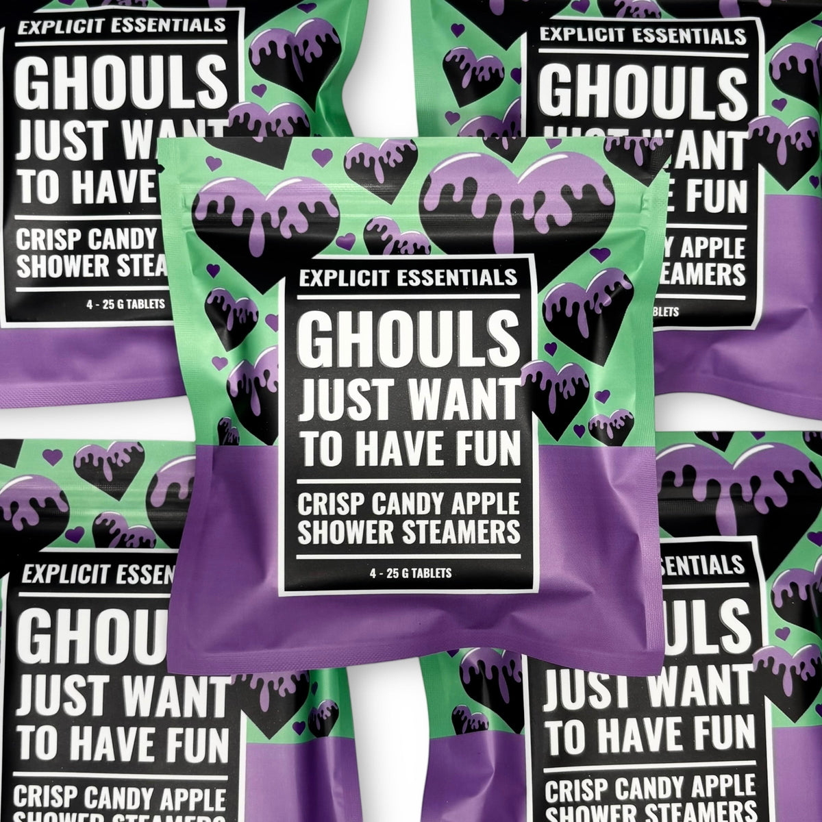 Explicit Essentials Ghouls Just Want To Have Fun shower steamers with crisp candy apple scent. Pack of 4, 25g tablets.