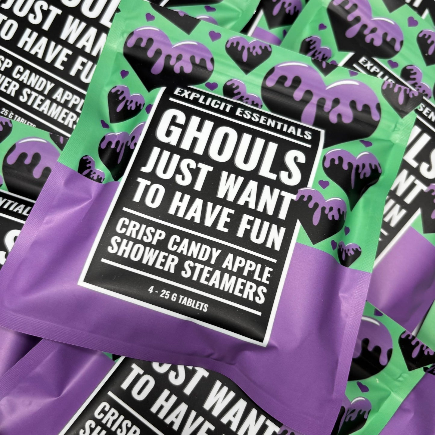 Explicit Essentials Ghouls Just Want To Have Fun shower steamers with crisp candy apple scent. Pack of 4.