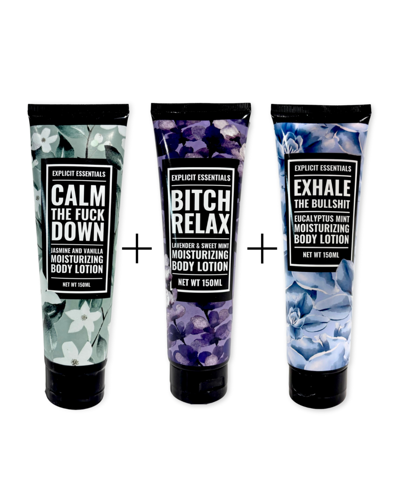 Three tubes of body lotion with humorous labels on a white background