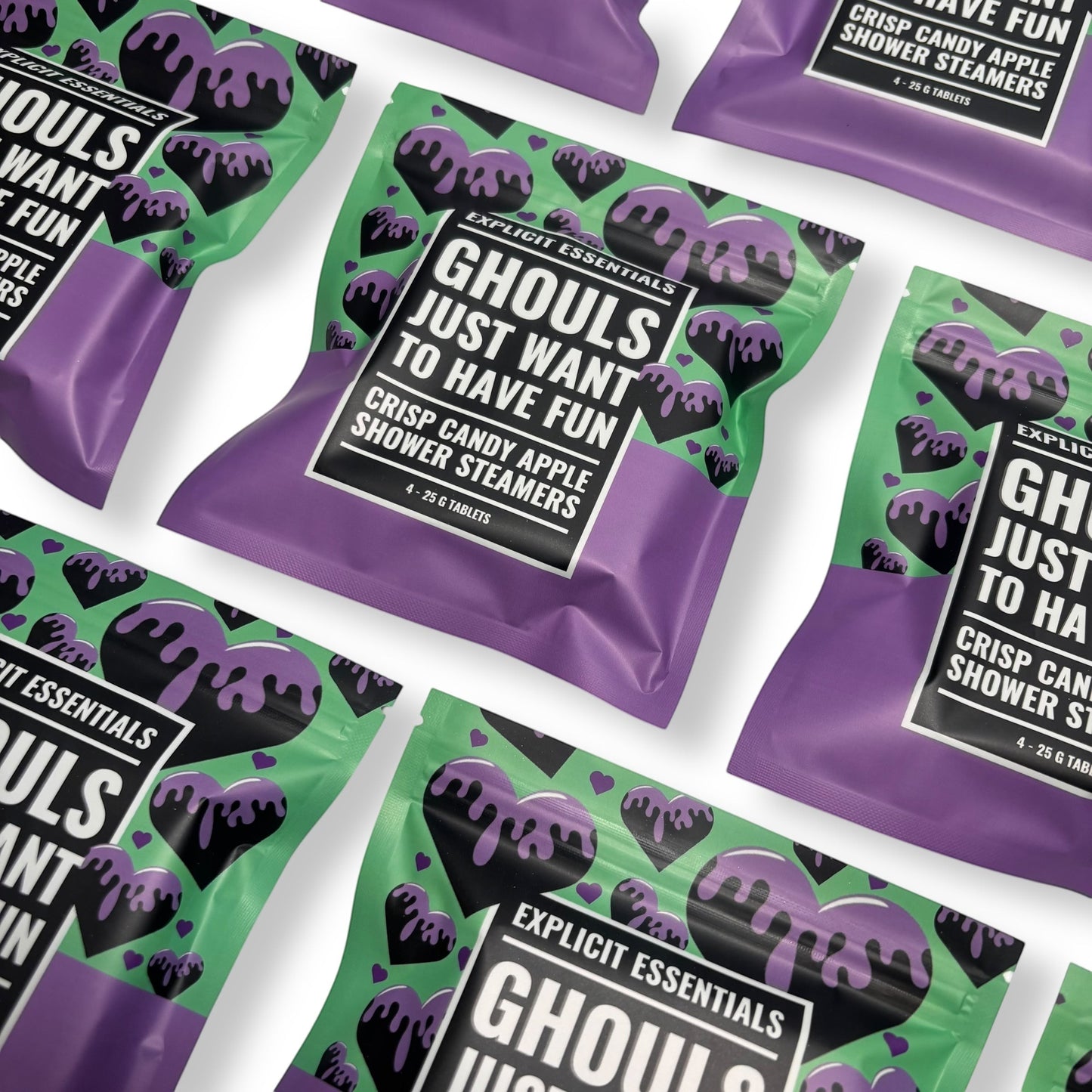 Explicit Essentials Ghouls Just Want To Have Fun shower steamers in crisp candy apple scent. Pack of 4.