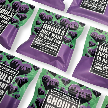 Explicit Essentials Ghouls Just Want To Have Fun shower steamers in crisp candy apple scent. Pack of 4.