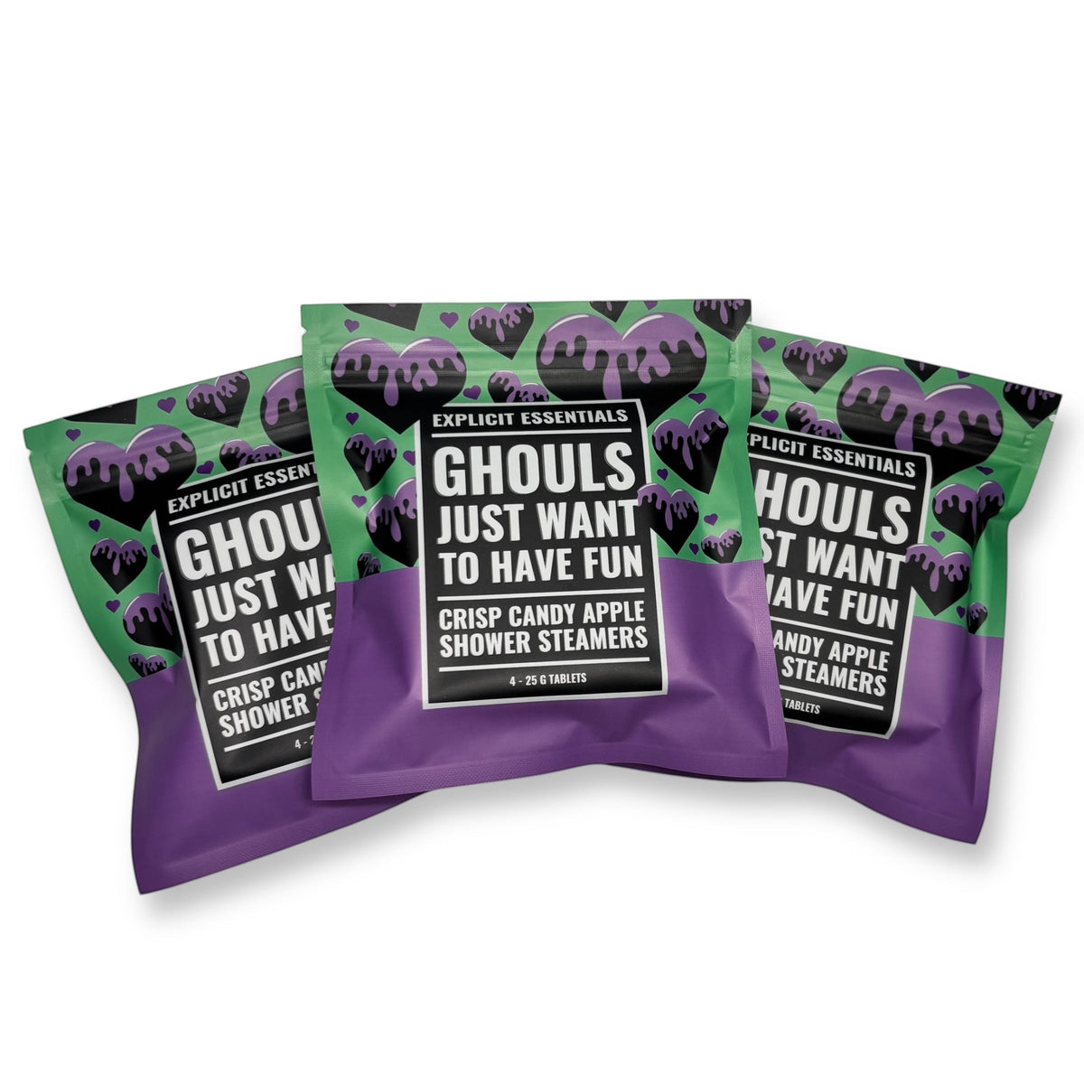 Explicit Essentials Ghouls Just Want To Have Fun shower steamers in crisp candy apple scent. Pack of 4.