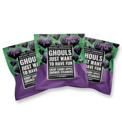 Explicit Essentials Ghouls Just Want To Have Fun shower steamers in crisp candy apple scent. Pack of 4.