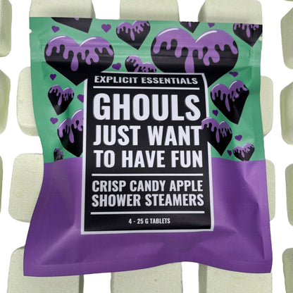 Explicit Essentials Ghouls Just Want To Have Fun shower steamers, crisp candy apple scent, 4-25g tablets, Halloween self-care gift.