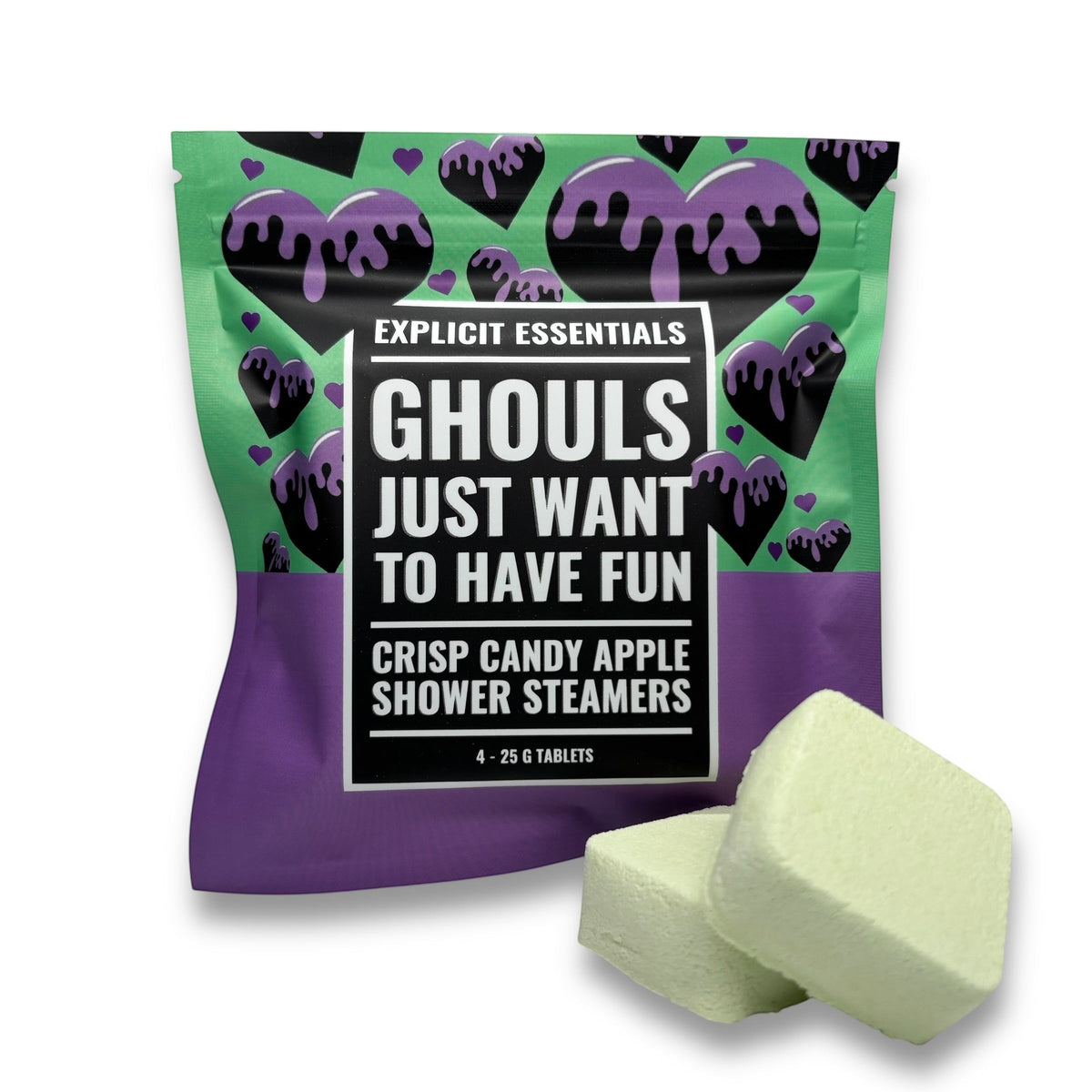Explicit Essentials Ghouls Just Want To Have Fun crisp candy apple shower steamers, 4 x 25g tablets. Green packaging with purple dripping hearts.