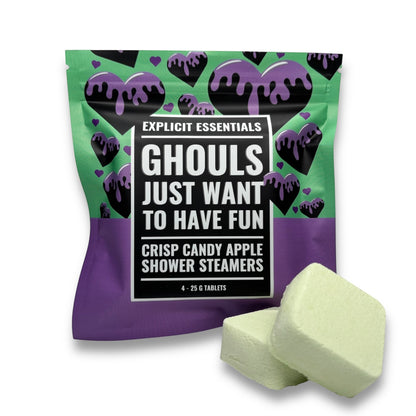 Explicit Essentials Ghouls Just Want To Have Fun crisp candy apple shower steamers, 4 x 25g tablets. Green packaging with purple dripping hearts.