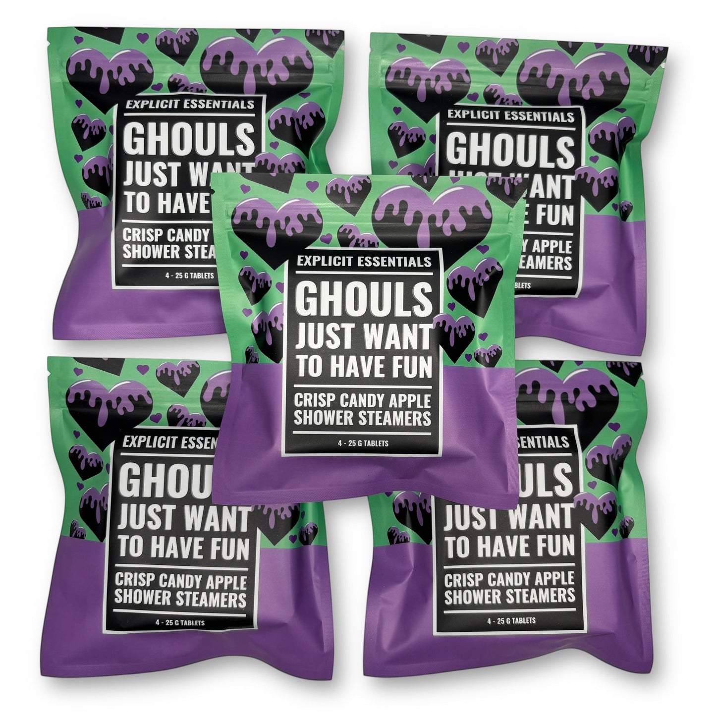 Explicit Essentials Ghouls Just Want To Have Fun shower steamers in crisp candy apple scent, 4-25g tablets per pack.