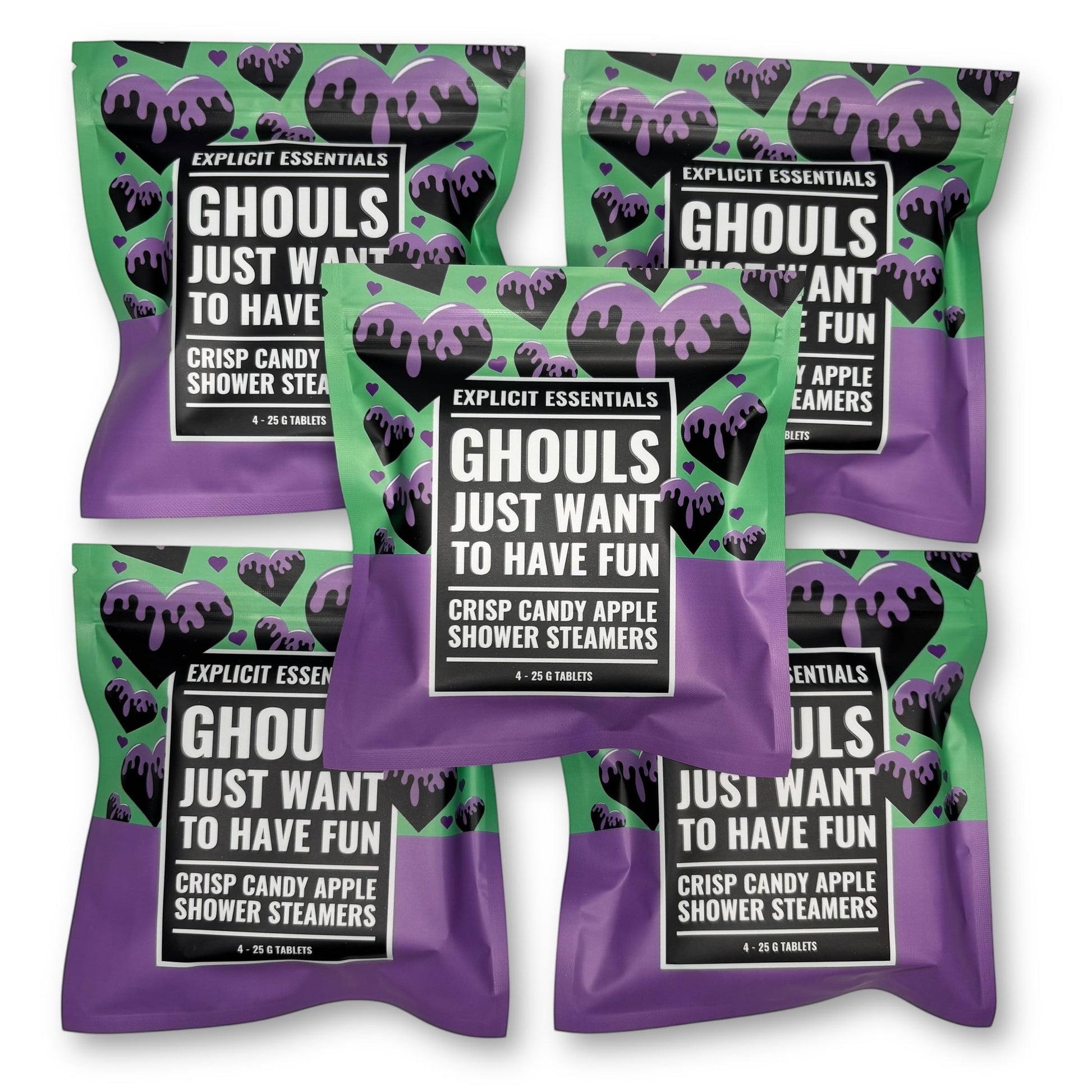 Explicit Essentials Ghouls Just Want To Have Fun shower steamers in crisp candy apple scent, 4-25g tablets per pack.