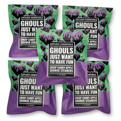 Explicit Essentials Ghouls Just Want To Have Fun shower steamers in crisp candy apple scent, 4-25g tablets per pack.