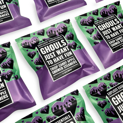 Explicit Essentials Ghouls Just Want To Have Fun crisp candy apple shower steamers, 4-25g tablets, with dripping heart design.