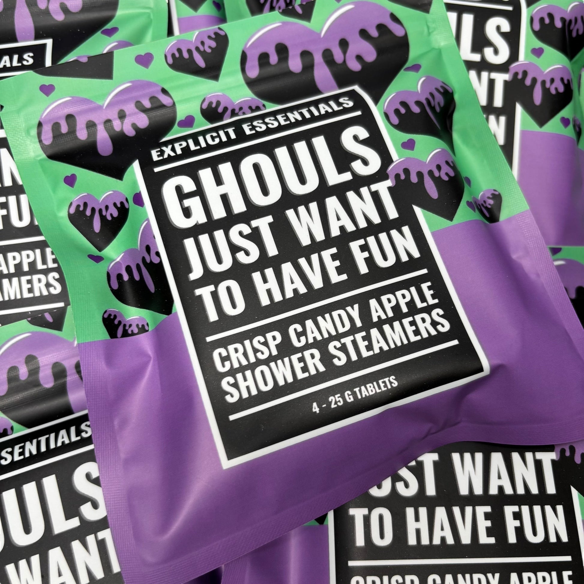 Explicit Essentials Ghouls Just Want To Have Fun shower steamers in crisp candy apple scent. Pack of 4, 25g tablets.