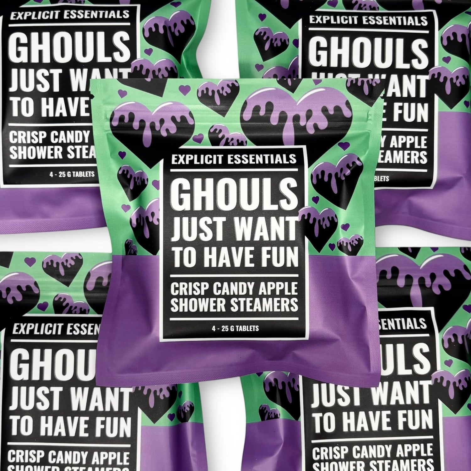 Explicit Essentials Ghouls Just Want To Have Fun shower steamers with crisp candy apple scent. Pack of 4, 25g tablets.
