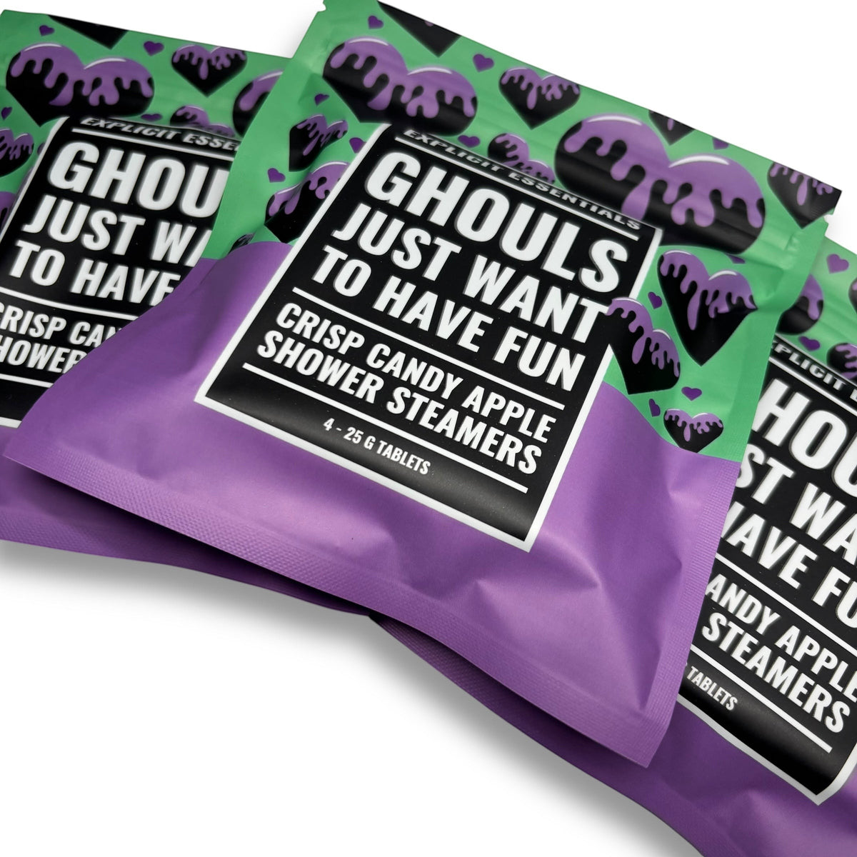 Explicit Essentials Ghouls Just Want To Have Fun shower steamers in crisp candy apple scent. Pack of 4, 25g tablets.