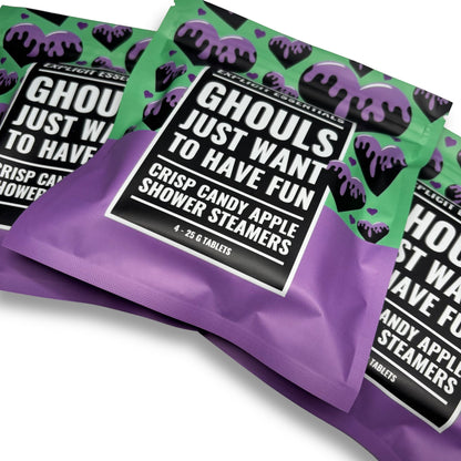 Explicit Essentials Ghouls Just Want To Have Fun shower steamers in crisp candy apple scent. Pack of 4, 25g tablets.